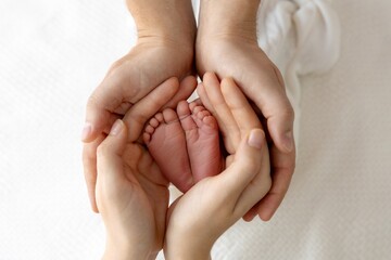 Tiny Toes, Big Love Newborn Feet Held in Parent s Hands on White Fabric Background. Family Bond