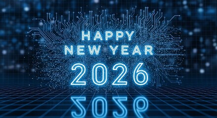 Digital celebration concept for 2026, featuring luminous blue typography and a high-tech circuit board backdrop with reflections