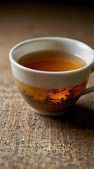 Tea in a delicate porcelain teacup on wooden table