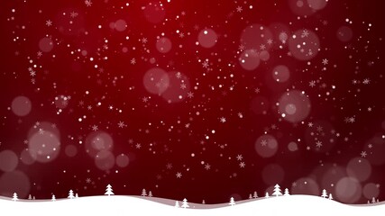 White snowflakes and bokeh on red background with white silhouette of snowy hills and pine trees. Holiday frame. Loop animation. - Powered by Adobe
