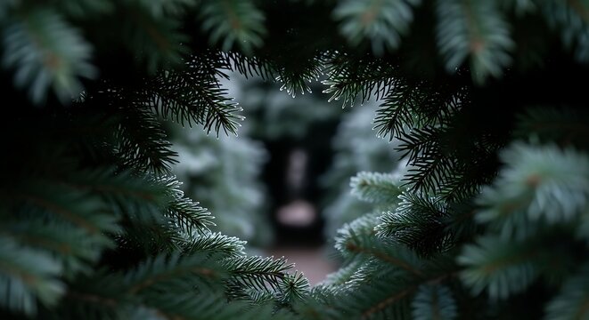 Heart shaped opening in evergreen trees leading to a blurred path - Powered by Adobe