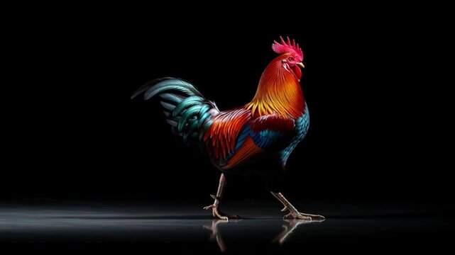 Vibrant Colorful Rooster Strutting on a Reflective Surface.