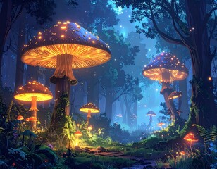 with giant luminescent mushrooms, misty night, Avatar style 