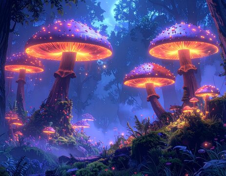 with giant luminescent mushrooms, misty night, Avatar style 