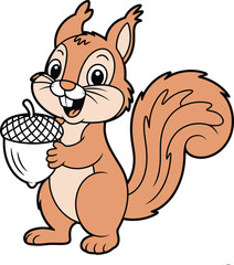 Cute squirrel holding acorn, cartoon animal character, woodland wildlife mascot, happy forest creature, children’s illustration art, cad drawing flat vector illustration