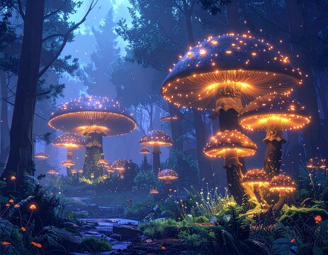 with giant luminescent mushrooms, misty night, Avatar style  - Powered by Adobe