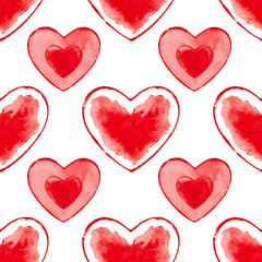 Hand-drawn red hearts, watercolor seamless pattern on a white background. Valentine's card.
