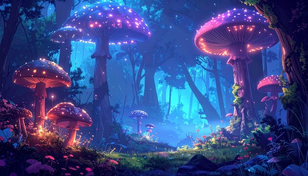 with giant luminescent mushrooms, misty night, Avatar style  - Powered by Adobe