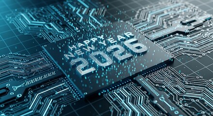 Advanced technology concept for the new year celebration, with 2026 displayed on a glowing central processor microchip and circuit board