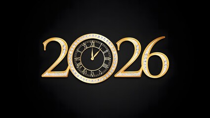 Golden 2026 with vintage clock face on black background