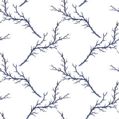 Seamless pattern of branches of thorny shrub. Hand-drawn in watercolor. For fabric, packaging, and covers.