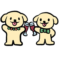 Festive illustration of two cheerful dogs holding celebratory glasses, symbolizing New Year toasts and joyful gatherings. Perfect for party invitations, holiday cards and fun digital stickers.