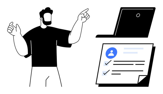 Man in expressive pose, checklist document, and laptop emphasize planning, productivity, decision-making, presentations, education, communication and workplace organization. Simple flat metaphor