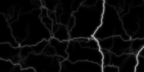 Dramatic Electric Lightning Strikes Abstract Pattern on Black Background. Lightning Effect Overlay, Isolated Electric Thunderstorm Bolt Strikes on Dark Night Sky Background.	