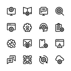 IT support icons. Technology, search, manual, help, message, cloud computing, troubleshooting, and more icons. Line icon set. 
