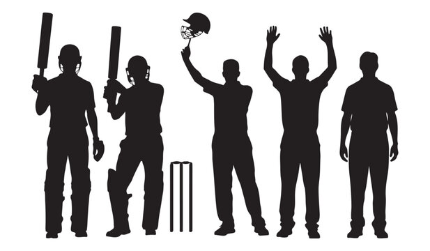  Silhouette of a cricket team celebrating a victory with bats and stumps on white background
