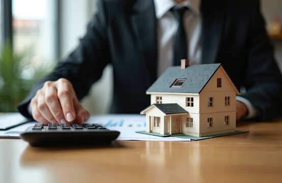 Man calculates real estate investment using calculator. Model house placed on table. Graphs charts and paperwork laying on desk. Financial analysis for home purchase budget planning.