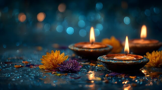 Atmospheric scene of three lit diyas with flower petals for Diwali. The background is a deep blue with a stunning bokeh effect of glittering lights.