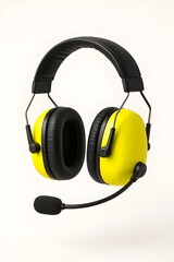 A bold yellow headset with rounded earmuffs and a foam-covered mic. Built to reduce high-level background noise, commonly used in industrial zones.