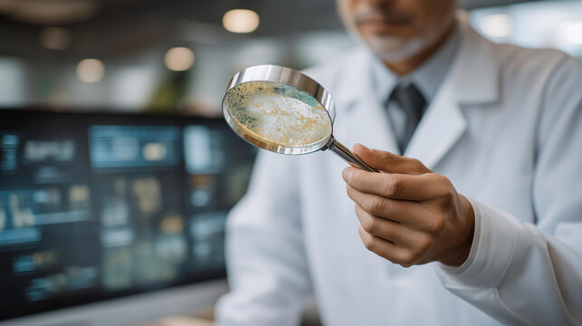 A scientist holding a magnifying glass over a petri dish in a bright laboratory, revealing microscopic textures as digital data overlays appear on nearby monitors — biotechnology research,