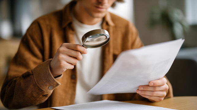 A journalist reviewing printed documents with a magnifying glass, searching for fine-print discrepancies during an investigative report &mdash; media research, truth-seeking, and document verification.