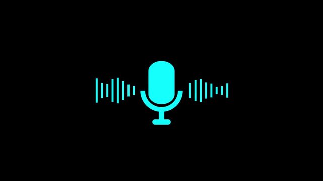 Neon voice recording and mic microphone button icon animation. Neon Audio microphone icon animation with circle on black background.