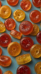 Vitamin C gummies in assorted vibrant colors on a blue surface