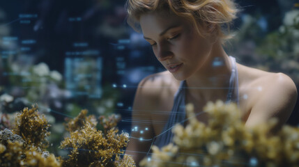 Marine biologists working with underwater AI robots to track coral reef health, holographic overlays displaying biodiversity metrics — concept of ocean conservation technology, interdisciplinary