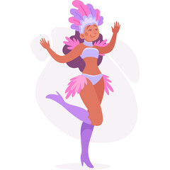 Joyful Dancer in Vibrant Pink and Purple Carnival Costume with Feather Headdress and Boots on Transparent Background