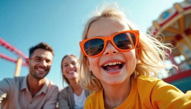 Family enjoys amusement park ride together. Daughter with sunglasses laughs joyfully, parents smile behind. Carousel and roller coaster are visible. Sunny day out.