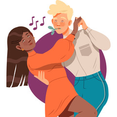 Joyful Couple Dancing Together Outdoors With Music Notes Floating Around Their Heads Wearing Orange Dress and Casual Clothes On A Sunny Day