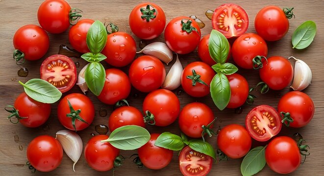Fresh Cherry Tomatoes with Basil and Garlic on Wooden Surface.