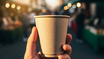 Market Coffee Break: A hand holds a disposable coffee cup in a bustling outdoor market, with vendors and customers milling in the soft-focus background.