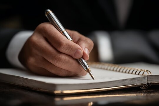 Close up of hand writing with fountain pen on notebook