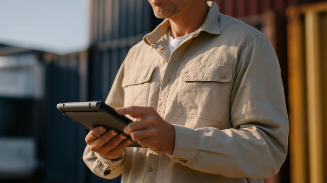 A logistics officer walking between stacked onboard containers with a rugged tablet in hand, verifying temperature-controlled units for pharmaceuticals and perishables — cold-chain monitoring,