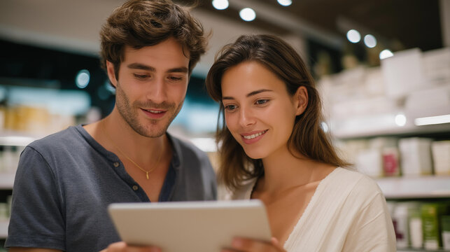 A young couple comparing eco-labeled products on a digital tablet while browsing a minimalist store shelf, analyzing ingredient transparency and ethical sourcing — informed purchasing decisions, - Powered by Adobe