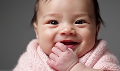 Adorable baby wrapped in pink sweater gazes with big curious eyes