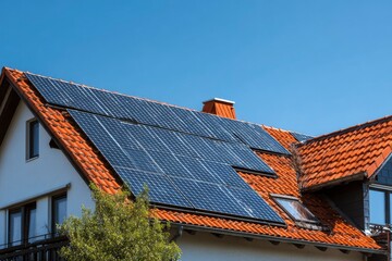 Fototapeta premium Solar Panels on Rooftop of Modern House Under Clear Blue Sky