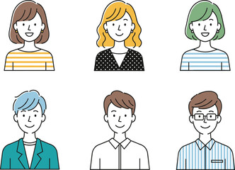 Minimalist Vector Avatar Icon Set of Diverse Men and Women, Featuring Various Hairstyles and Outfits for User Profiles, Social Media, and Corporate Team Graphics.