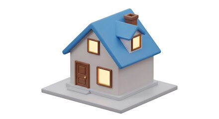 Cartoon 3D House with Blue Roof and Lit Windows home