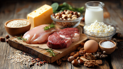 A variety of fresh ingredients including meat, cheese, nuts, and dairy displayed on a rustic wooden surface.