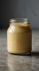 whey in a small glass jar on a textured surface