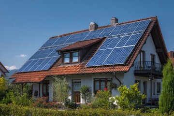Solar Panels on Modern House with Blue Sky and Green Surroundings