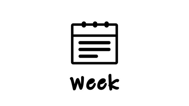 Simple black and white icon of a calendar page with the word Week below it on a white background symbol