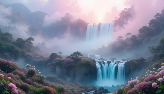 fantasy pastel waterfall glowing with soft turquoise light, dreamy floral valley beneath