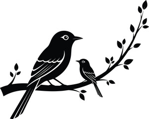 Black silhouette vector of mother bird and baby chick sitting together on tree branch with leaves, isolated on white background for nature design