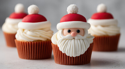 Santa cupcakes with red hat and white frosting beard, minimal and cute festive dessert on a plain surface