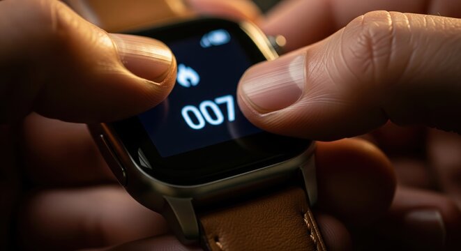 Close-up of Hands Interacting with Modern Smartwatch Displaying Numeric Data in HD