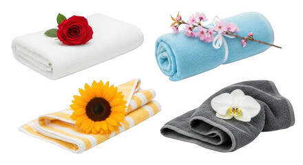 Four towels with flowers isolated on transparent background