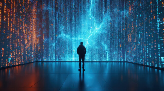 Man stands in futuristic digital tunnel with flowing binary code matrix. Neon light streaks across data streams in cyberspace. Abstract background for tech and programming concepts.